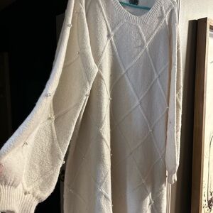 ARULA Cream Long Sleeve Dress with Pearl Details